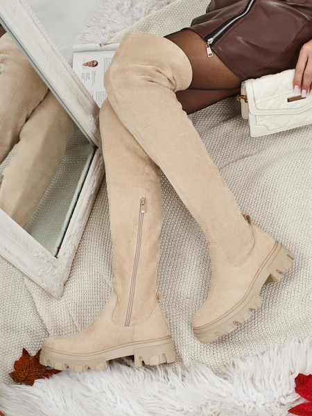 Cizme de damă peste genunchi din piele ecologică de tip piele întoarsă Maelin