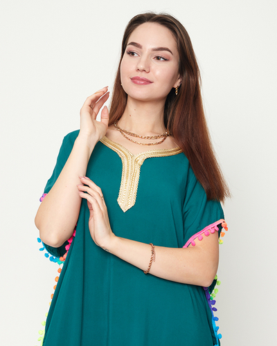 Tunica de plaja dama de vara verde inchis cu pompoane - Imbracaminte