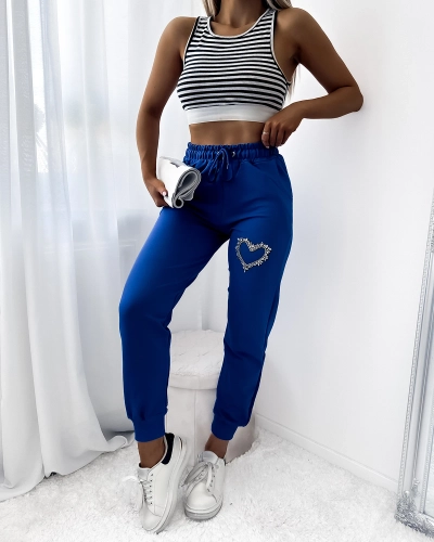 Pantaloni de trening albastru pentru femei cu ornament de zirconiu- Îmbrăcăminte