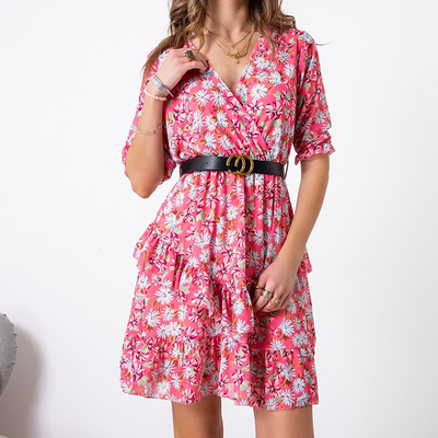 Mini rochie pentru femei roz închis cu flori - Îmbrăcăminte