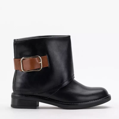 OUTLET Botine negre dama din piele ecologica cu toc plat Tera - Pantofi