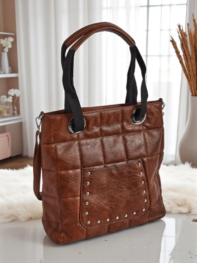 Calista brown eco-leather handbag with studs 41x35 cm