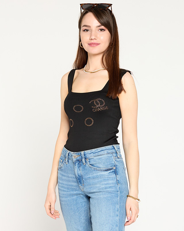 Top negru de damă cu zirconiu cubic auriu - Îmbrăcăminte