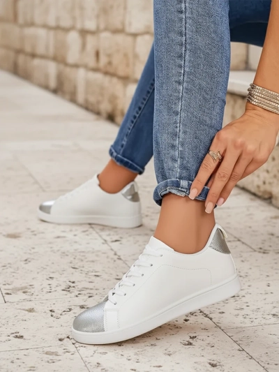 Sneakers de damă Royalfashion Calista argintiu-alb, eleganți, piele ecologică