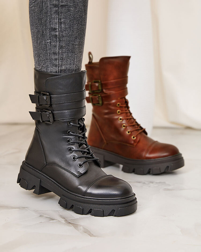 Royalfashion Cizme bagger de damă din piele ecologică de culoare neagră Faserti