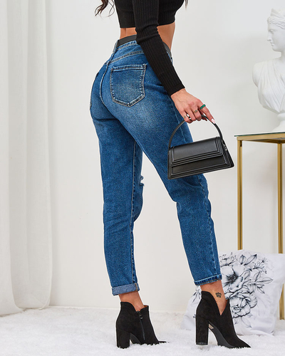 Royalfashion Blugi mamă de damă albaștri cu curea și buzunar