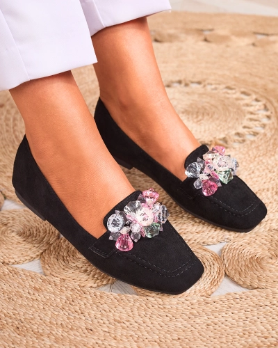 Royalfashion Mocasini negri pentru femei cu cristale colorate Setmika