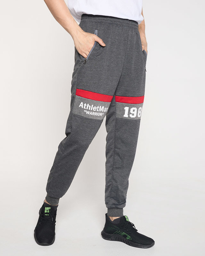 Pantaloni de trening pentru bărbați gri închis cu inscripții - Îmbrăcăminte