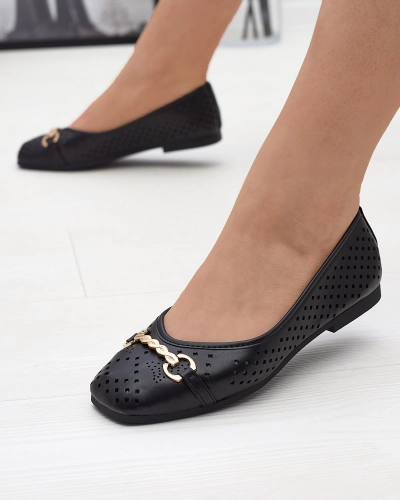 Balerini negri de damă traforați cu ornament auriu Serilla- Footwear