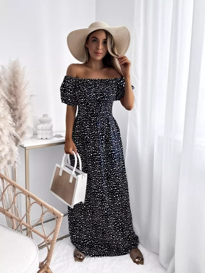 Rochie maxi de damă albastru marin cu mazăre- Îmbrăcăminte