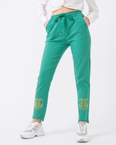 Pantaloni de dama din tesatura verde cu zirconiu cubic - Imbracaminte