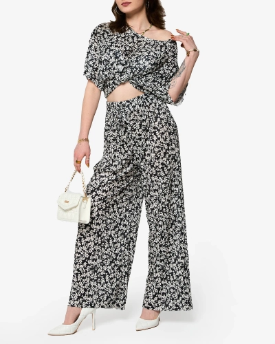 Set floral plisat negru de damă - Îmbrăcăminte