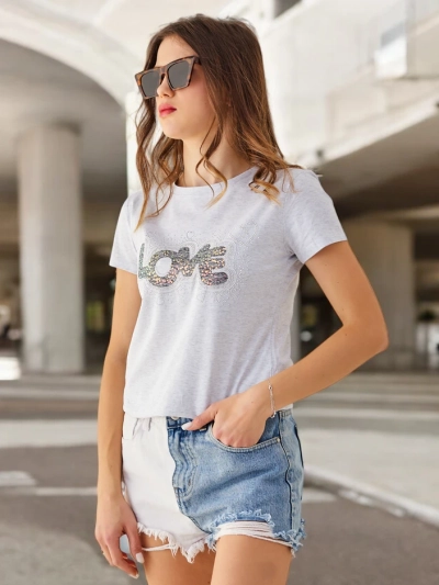 Royalfashion Tricou din bumbac pentru femei LOVE cu strasuri