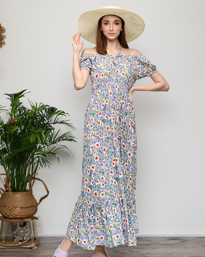 Rochie lungă de vară verde pentru femei cu flori mov - Îmbrăcăminte