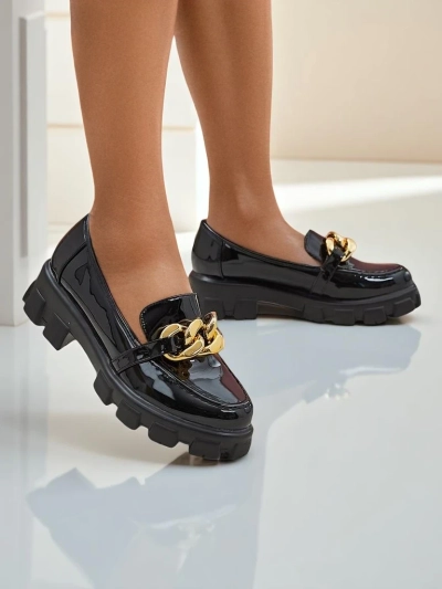 Loafers damă Persefone Nero cu talpă groasă, piele ecologică neagră 5cm