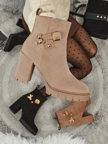 Botine de damă din piele ecologică întoarsă cu toc gros Bearr