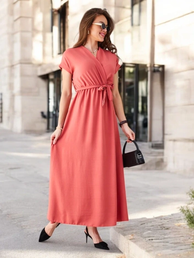 Rochie midi pentru femei Royalfashion cu decolteu înfășurat, mâneci scurte și un centură