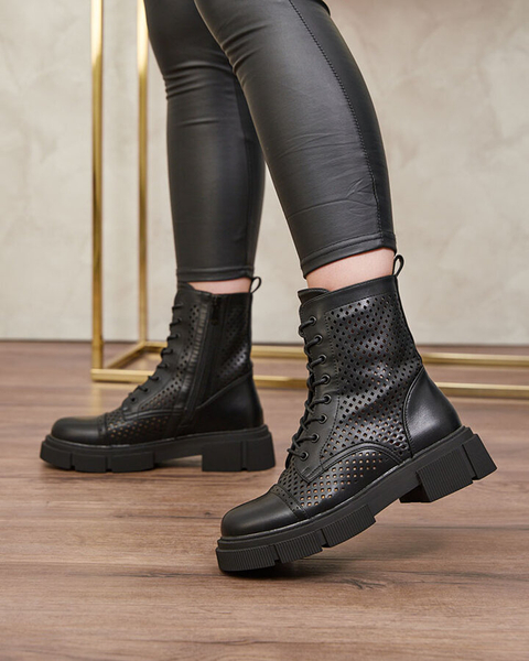 Botine de damă negre ajurate cu toc plat Rolika - Încălțăminte