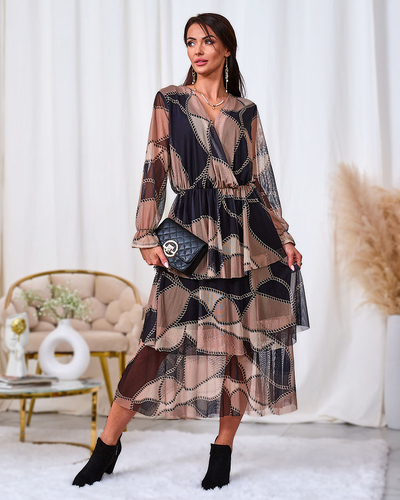 Royalfashion Rochie midi din plasă cu imprimeu, negru și maro deschis