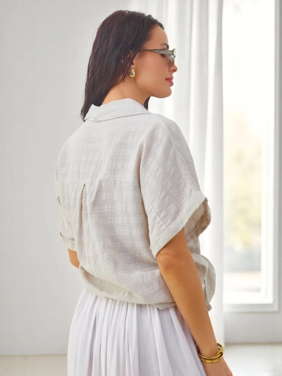 Royalfashion Cămașă din bumbac pentru femei cu embosare și mâneci scurte