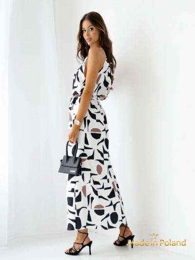 Royalfashion Rochie midi de damă cu bretele, cu curea și model geometric