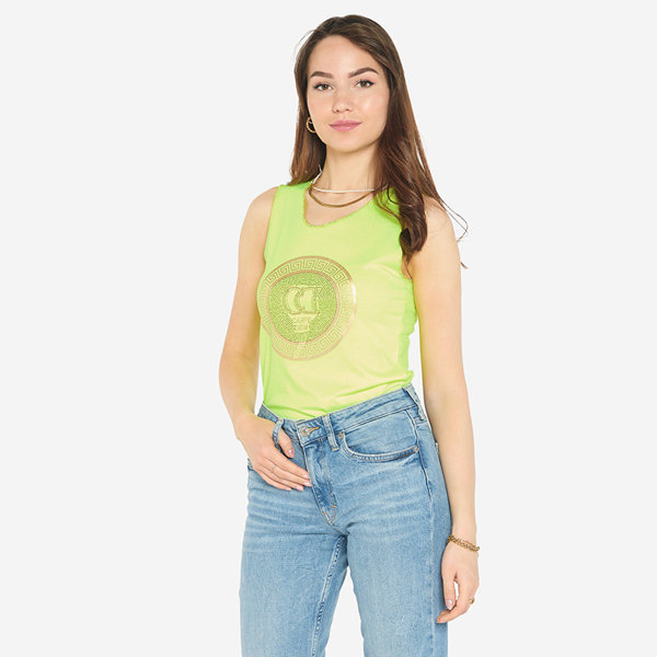 Bluză galbenă neon pe bretele cu imprimeu și zirconiu cubic - Îmbrăcăminte