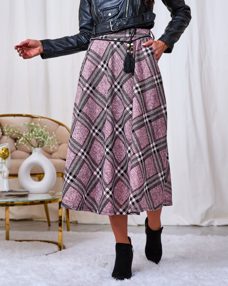 Royalfashion Fustă lungă pentru femei, gri și roșie, în carouri