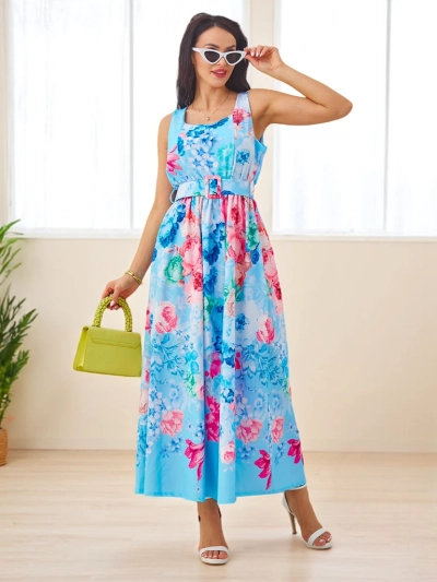 Rochie midi din viscoză pentru femei cu bretele, având un centură în diferite modele florale
