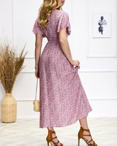Rochie midi roz cu flori pentru femei - Îmbrăcăminte