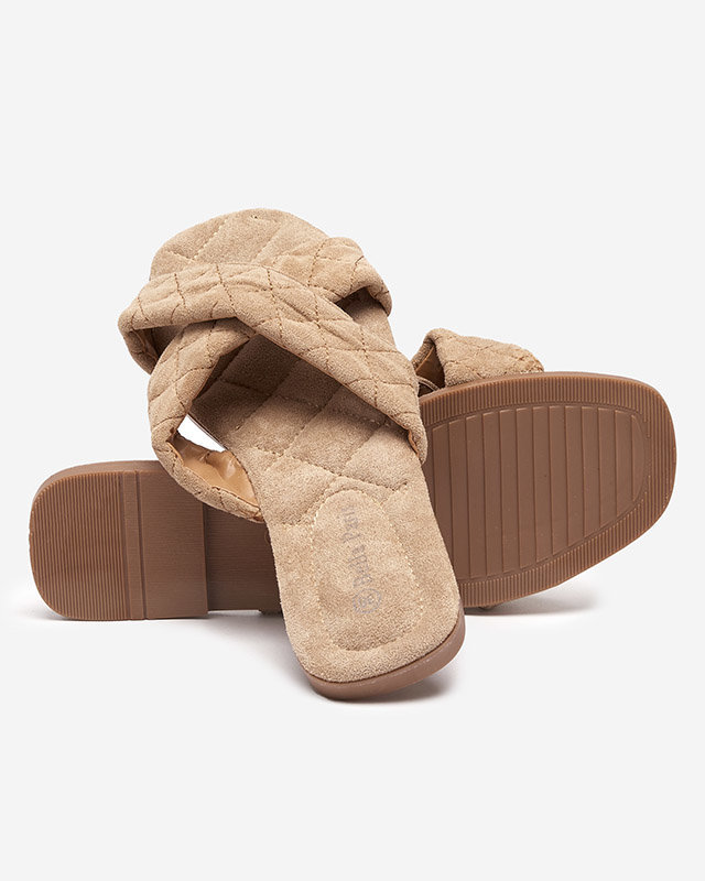 Papuci plati dama din piele intoarsa ecologica maro deschis Delime - Pantofi