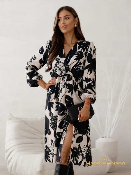 Rochie Apollonia Midi Bej cu Mânecă Lungă și Model Floral