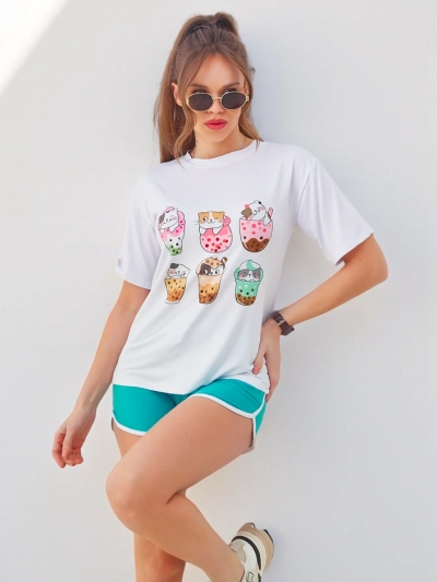 Royalfashion Set sportiv pentru femei cu tricou și pantaloni scurți Kitty Cat