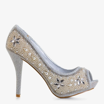 OUTLET Pompă argintie din brocart pentru femei, cu zirconi și perle Gitana - pantofi