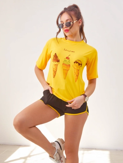Set sport Royalfashion pentru femei, cu tricou și pantaloni scurți, Înghețată