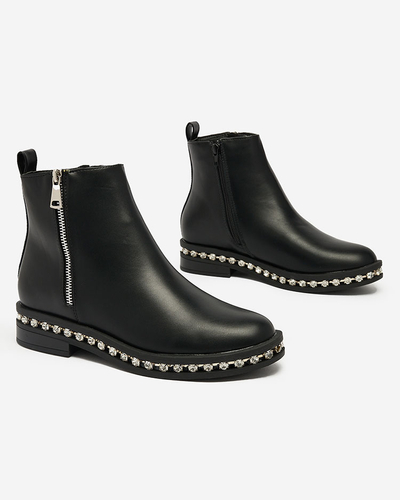 Royalfashion Cizme negre cu toc plat pentru femei, cu zirconii Wiskuni