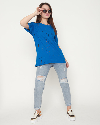 Tricou de damă din bumbac cobalt cu găuri decorative - Îmbrăcăminte