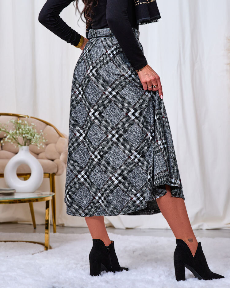 Royalfashion Fustă lungă pentru femei, gri și roșie, în carouri