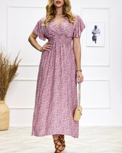 Rochie midi roz cu flori pentru femei - Îmbrăcăminte