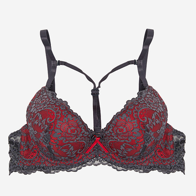 Sutien gri și roșu din dantelă cu bretele - Lenjerie intimă