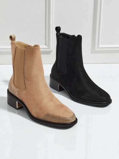 Botine de damă din piele ecologică întoarsă, decorate cu zirconii TangleMist