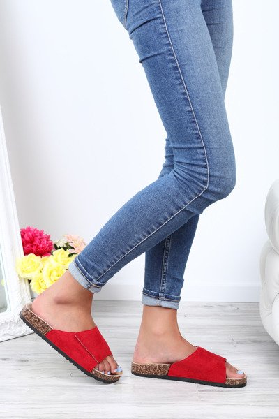 Czerwone klapki na rzepy z eko zamszu Lindsey- Obuwie