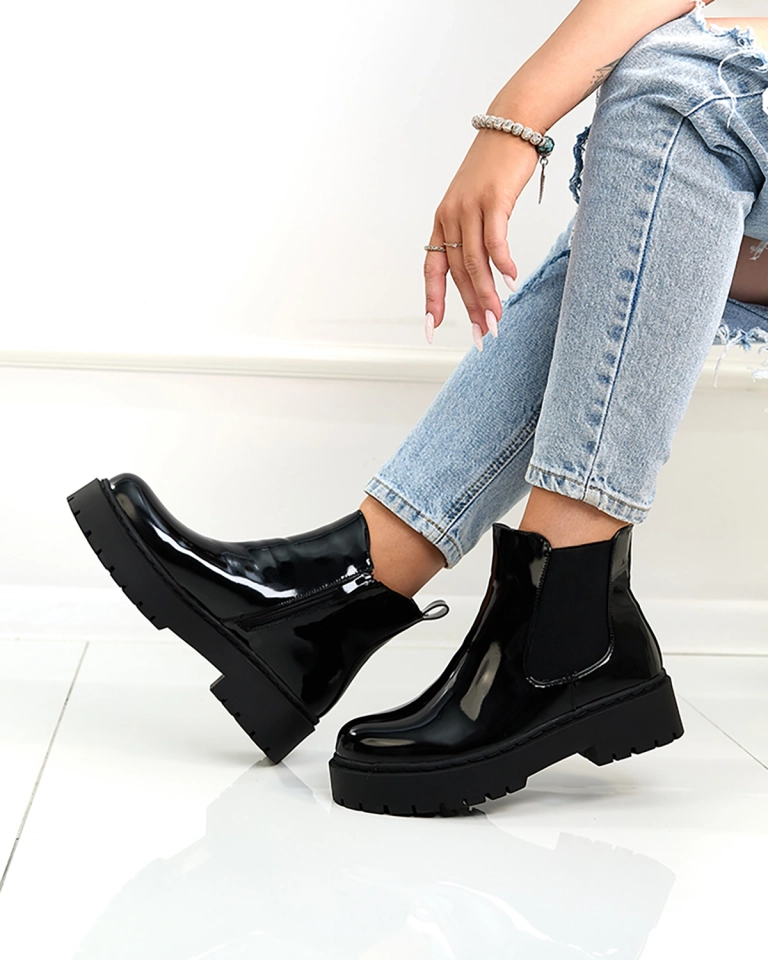 Royalfashion Cizme negre lăcuite fără toc pentru femei Glossy Chic