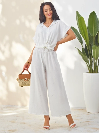 Royalfashion Set de damă cu cămașă scurtă cu mâneci legate și pantaloni evazați cu strasuri