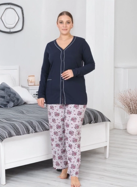 Royalfashion Pijama pentru femei din bumbac, 2 piese, cu flori MĂRIME MARE