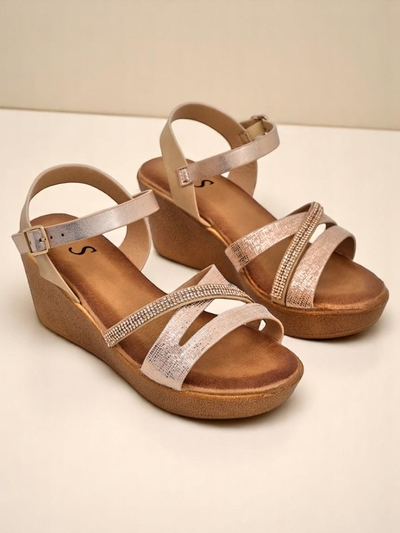 Sandale cu toc wedge pentru femei Royalfashion cu strasuri și sclipici Eclat