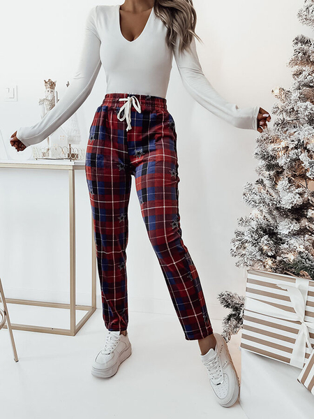 Royalfashion Pantaloni de damă din catifea în carouri, de culoare roșie