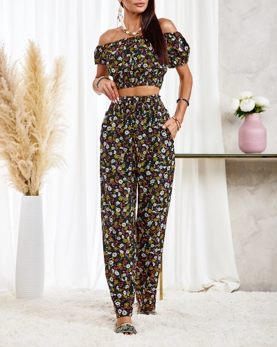 Royalfashion Set floral negru din două piese pentru femei