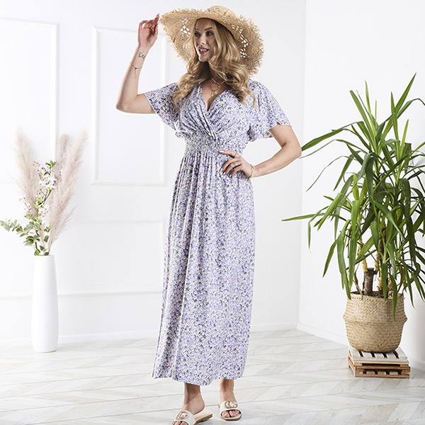 Rochie lungă de damă mov cu flori mici - Îmbrăcăminte