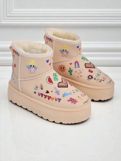Callisto Angelico Insulated Shoes with Children's Drawings on Beige Platform