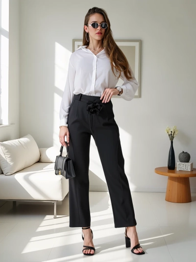 Royalfashion Pantaloni drepți din viscoză pentru femei cu un flori